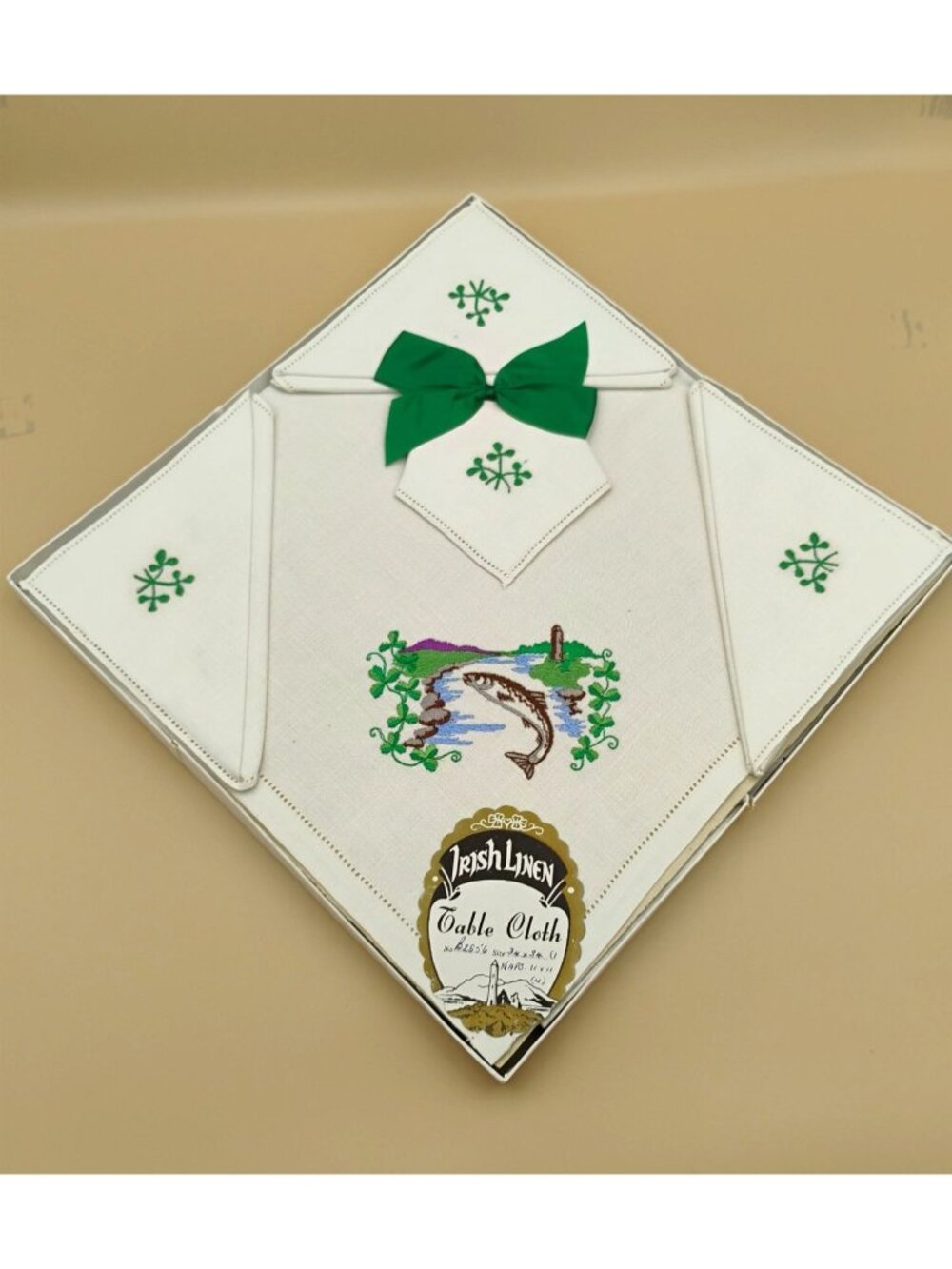 Irish Linen Embroidered Tablecloth W/ Napkins Shamrock & River Scene 34"x34"